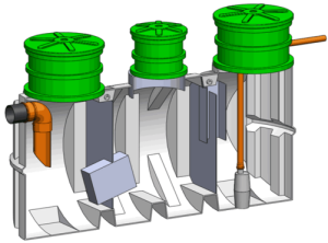Separator węglowodorów z odmulaczem, wkładką koalescencyjną oraz z komorą przepompowni 
