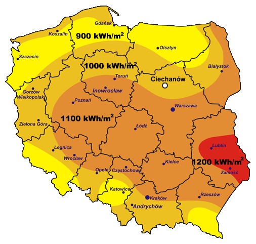 Mapa nasłonecznienia Polski i najlepszymi regionami dla fotowoltaiki
